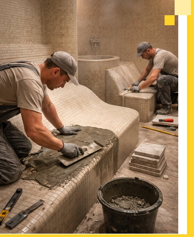 Лежаки для хамама под ключ в Нефтекамске, проект и монтаж